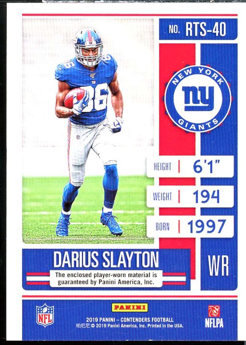 Darius Slayton Rookie Card 2019 Panini Contenders Rookie Ticket Swatches #RTS40  Image 2