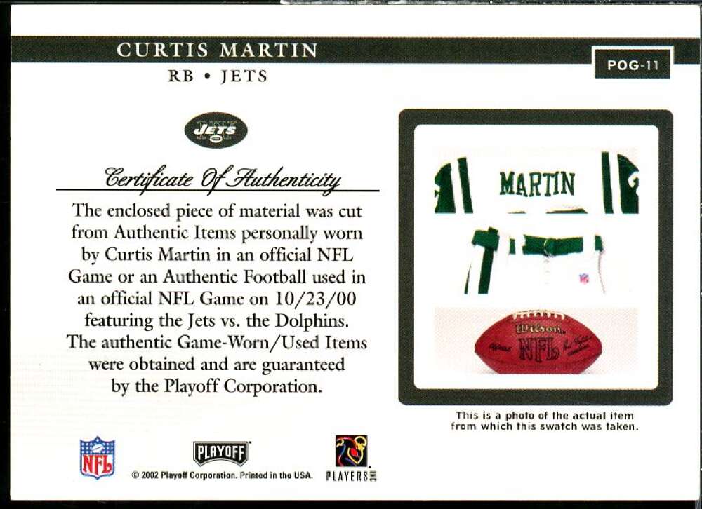 Curtis Martin JSY Card 2002 Playoff Piece of the Game Materials #11J  Image 2