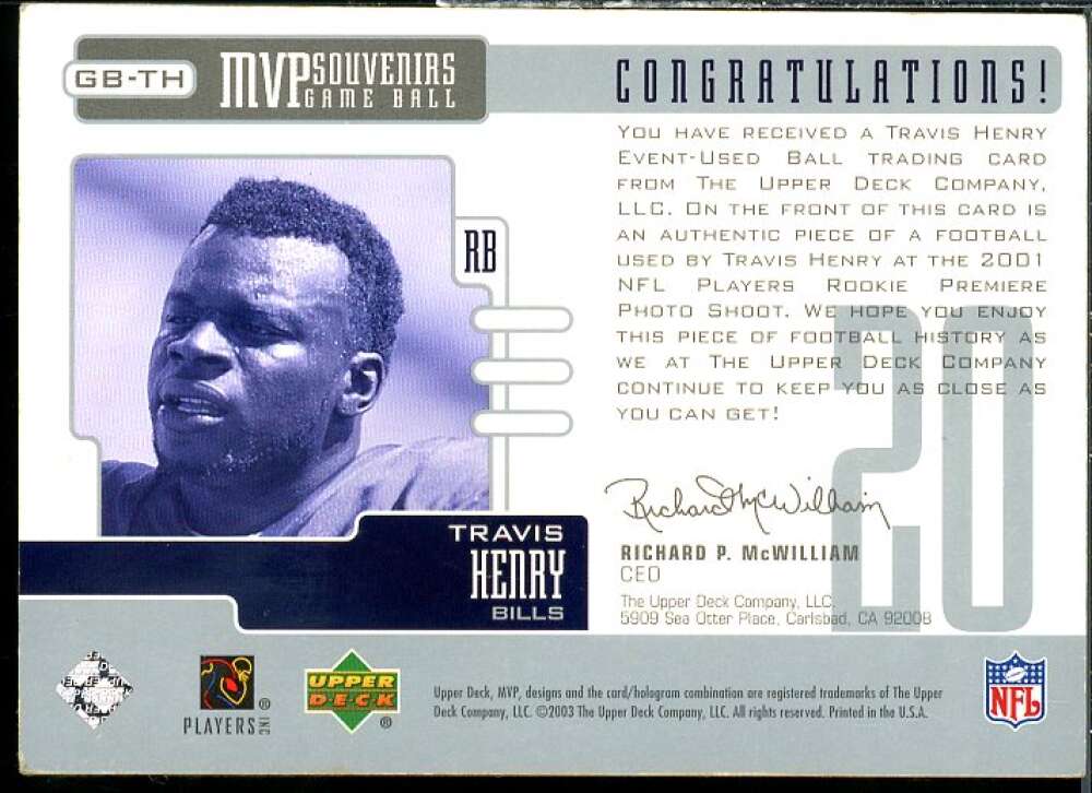 Travis Henry Card 2003 Upper Deck MVP Souvenirs #GBTH  Image 2