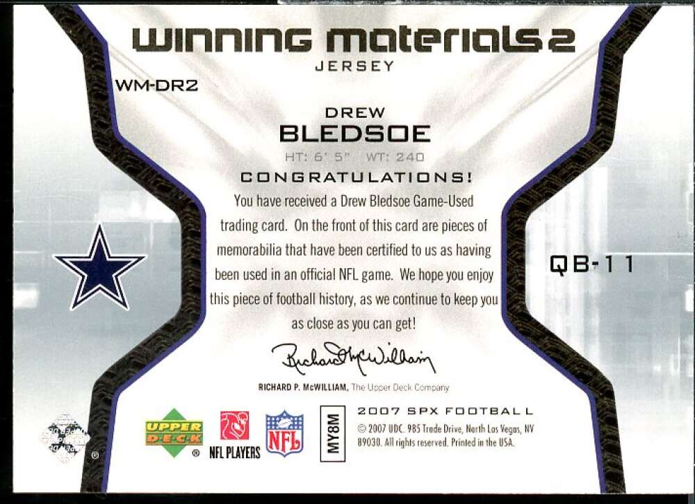 Drew Bledsoe Card 2007 SPx Winning Materials Jersey Number Dual #WMDR2  Image 2