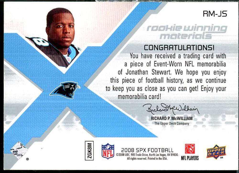 Jonathan Stewart Card 2008 SPx Rookie Materials NFL Letters Dual Patch 50 #RMJS  Image 2