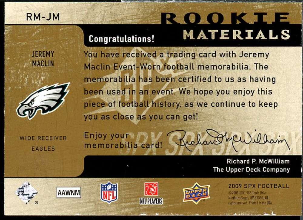 Jeremy Maclin Rookie Card 2009 SPx Rookie Materials #RMJM  Image 2