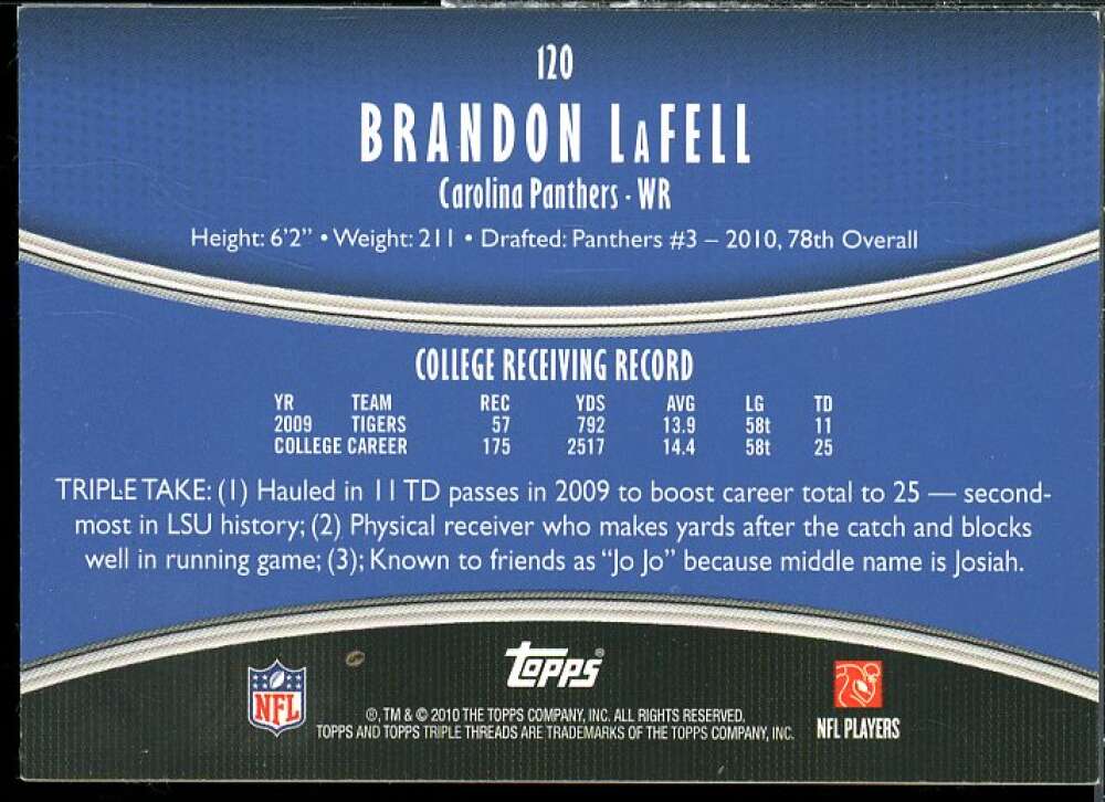 Brandon LaFell JSY AU Rookie Card 2010 Topps Triple Threads #120A  Image 2