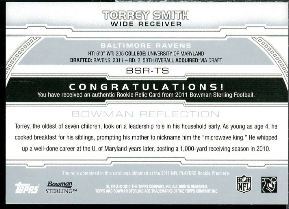 Torrey Smith JSY Rookie Card 2011 Bowman Sterling #BSRTS  Image 2