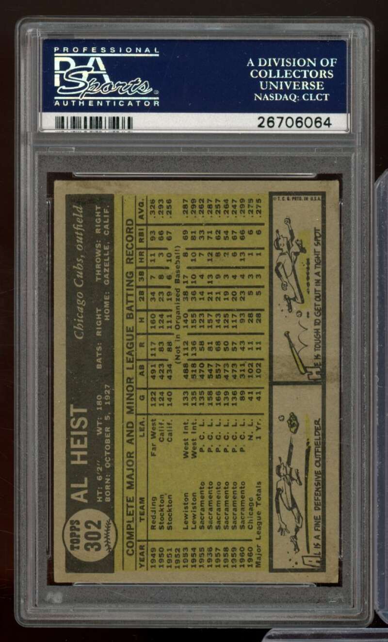 Al Heist Card 1961 Topps #302 PSA 4 Image 2