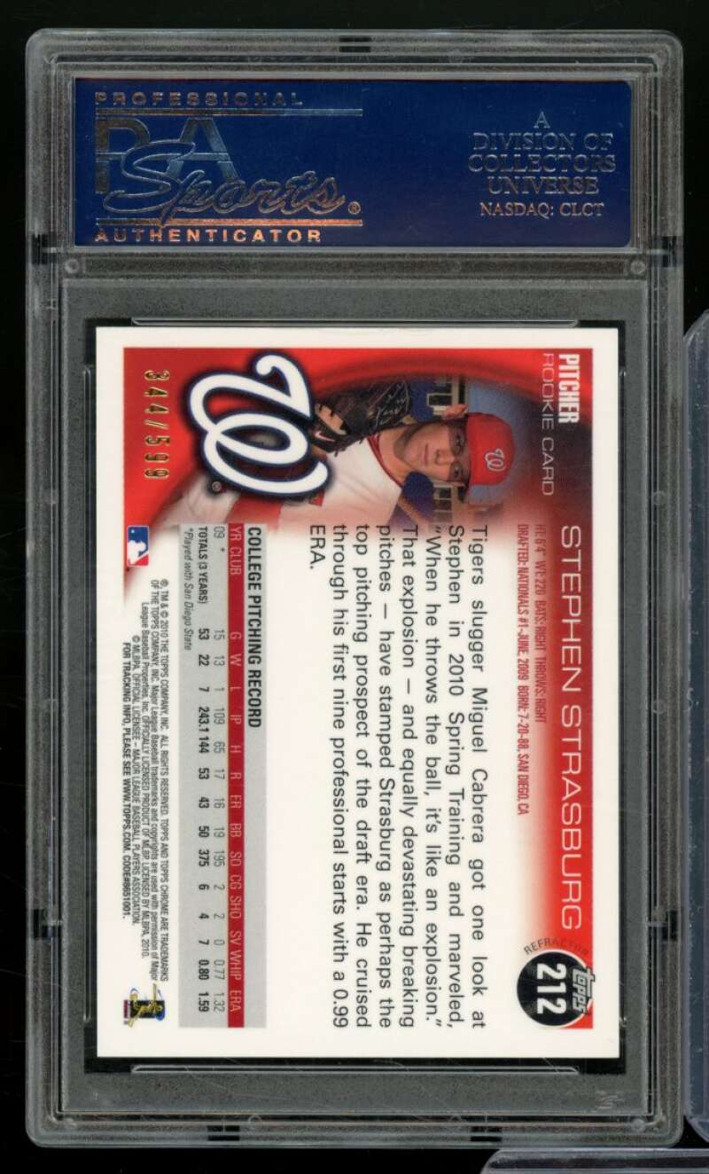 Stephen Strasburg Rookie Card 2010 Topps Chrome Purple Refractor #212 PSA 9 Image 2