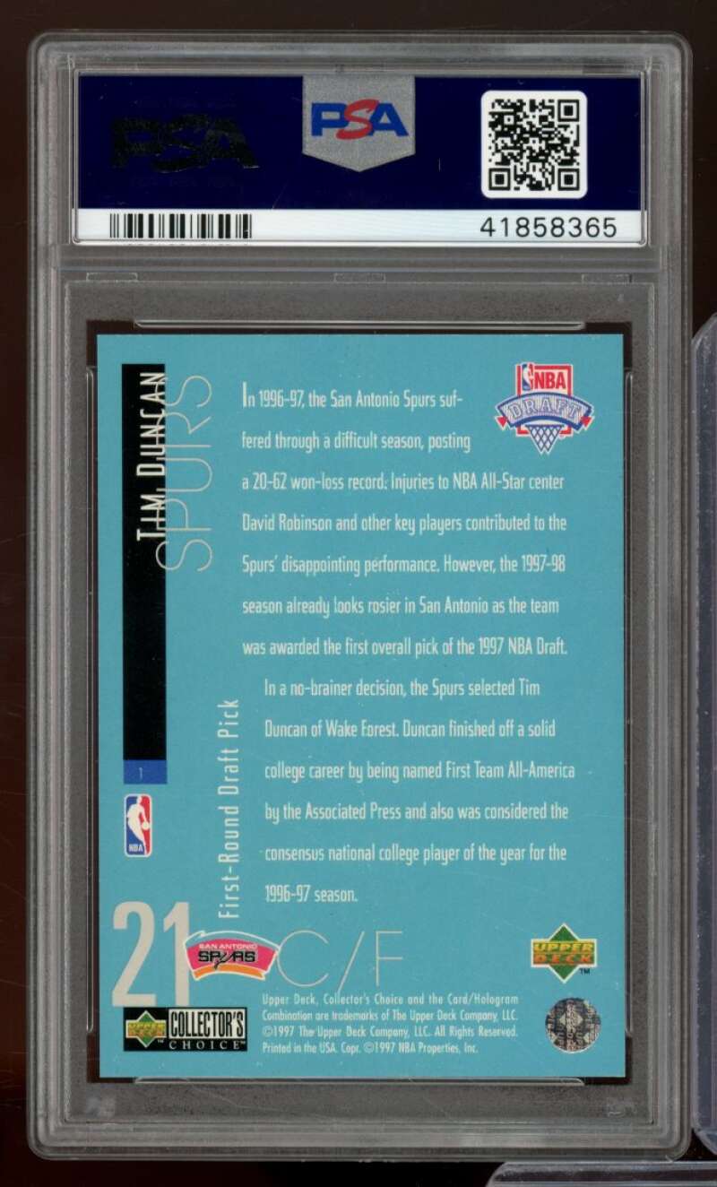 Tim Duncan Rookie Card 1997-98 Collector's Choice Draft Trade #1 PSA 9 Image 2