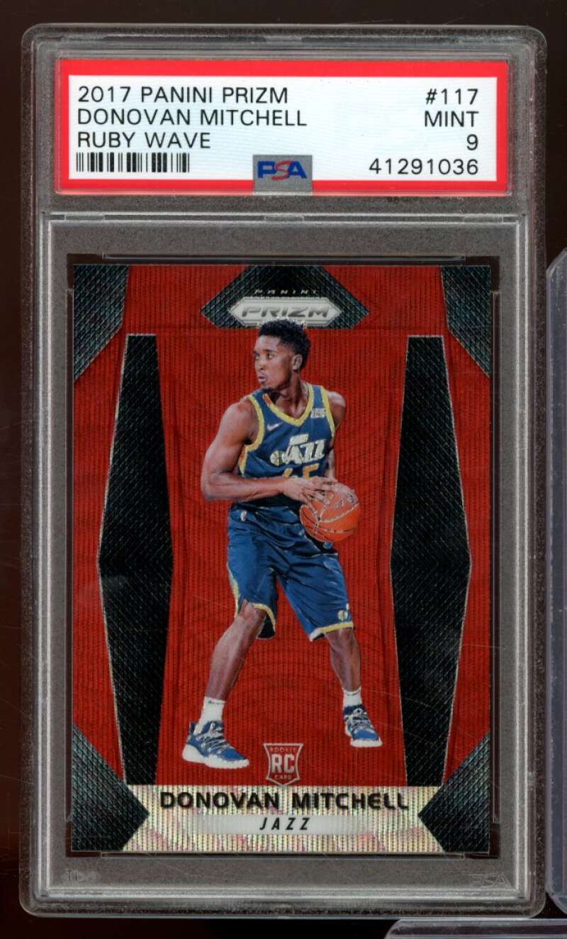 Donovan Mitchell Rookie Card 2017-18 Panini Prizm Ruby Wave #117 PSA 9 Image 1