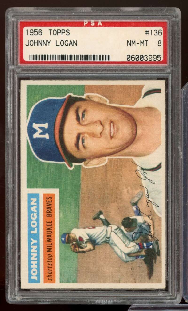 Johnny Logan Card 1956 Topps #136 PSA 8 Image 1