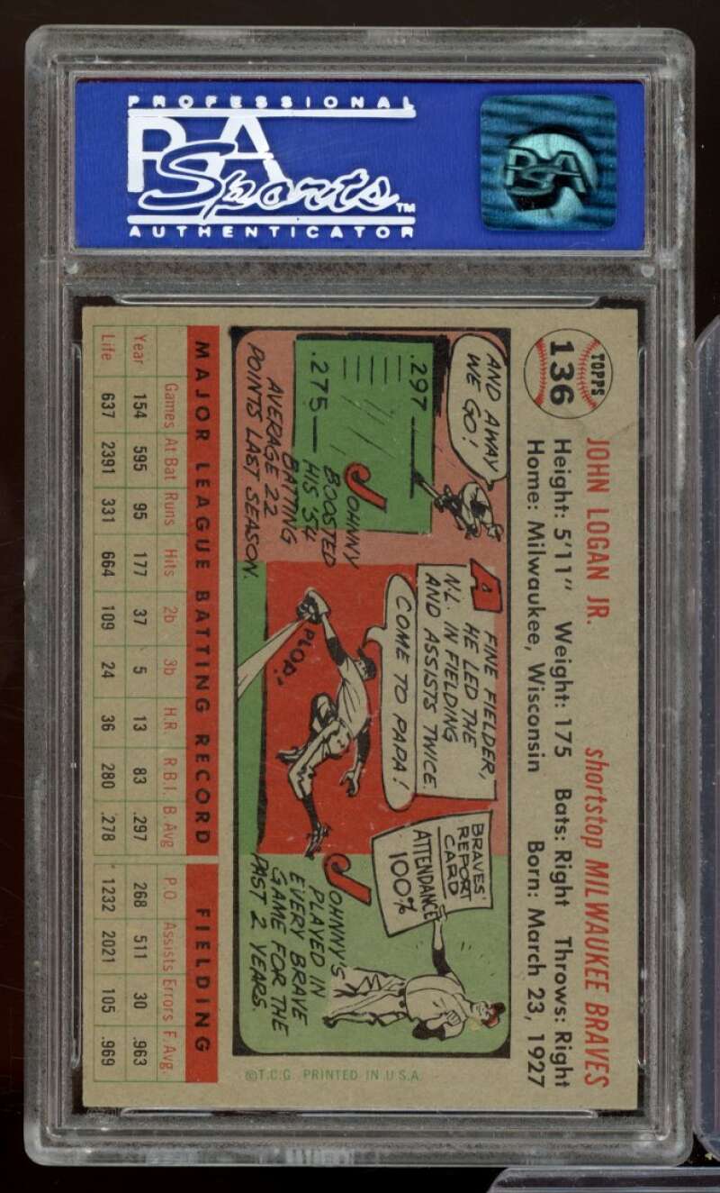 Johnny Logan Card 1956 Topps #136 PSA 8 Image 2