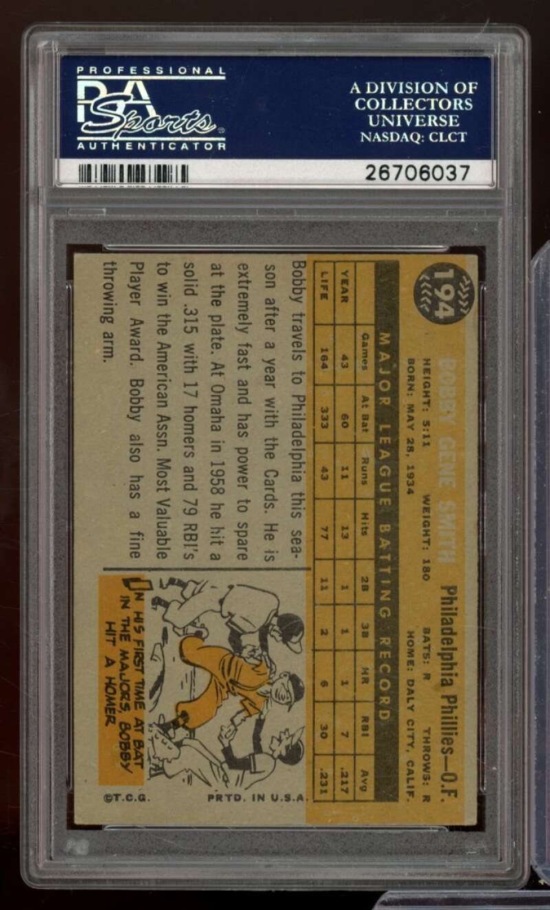 Bobby Gene Smith Card 1960 Topps #194 PSA 4 Image 2