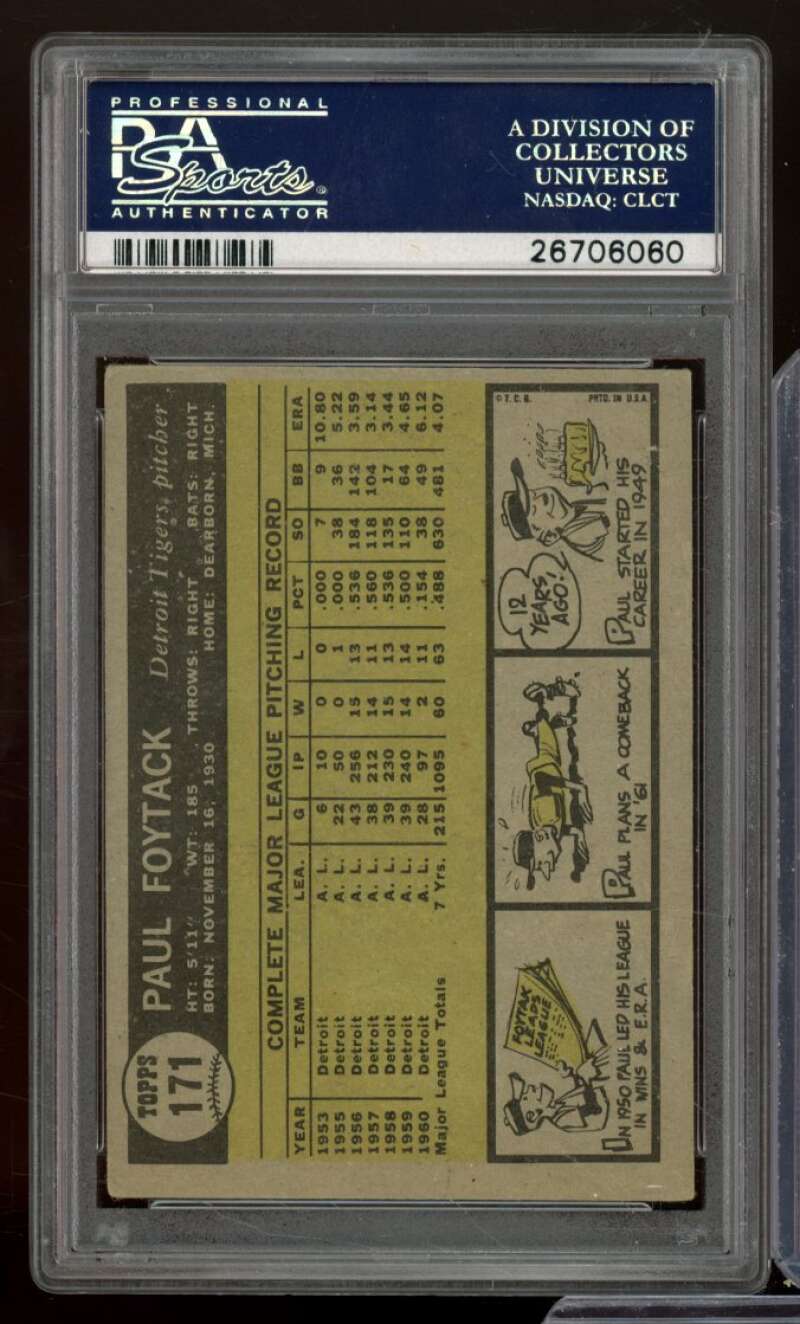 Paul Foytack Card 1961 Topps #171 PSA 3 Image 2