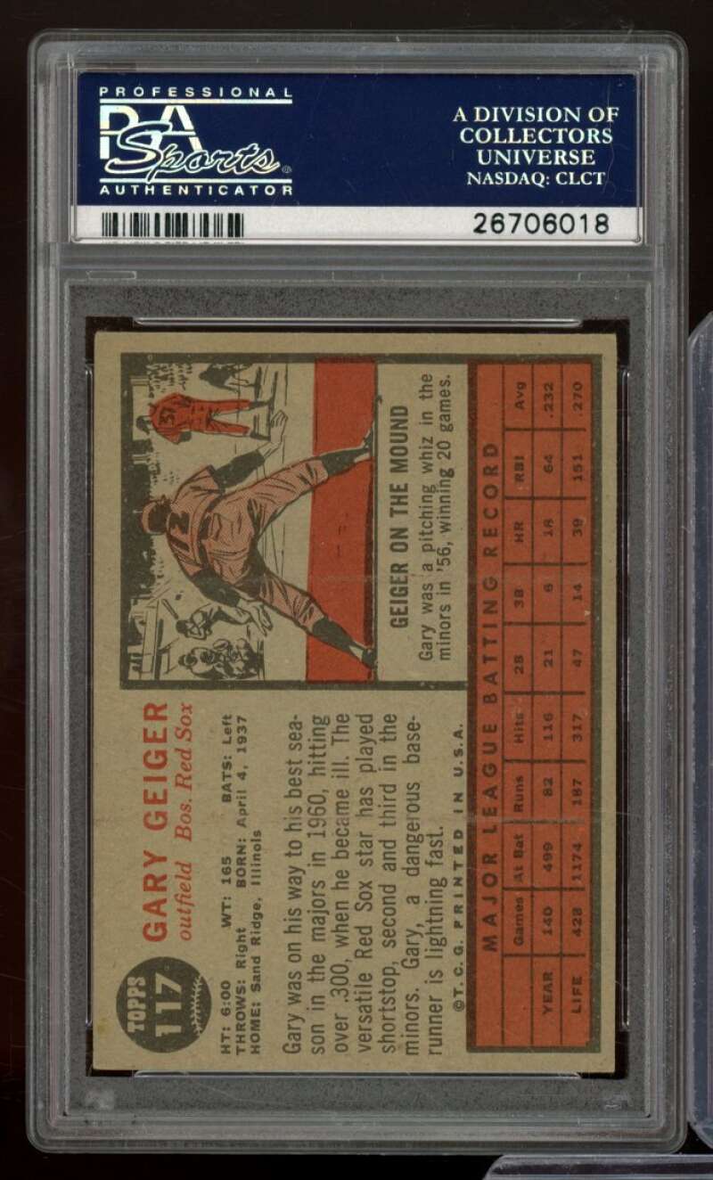 Gary Geiger Card 1962 Topps #117 PSA 4 Image 2