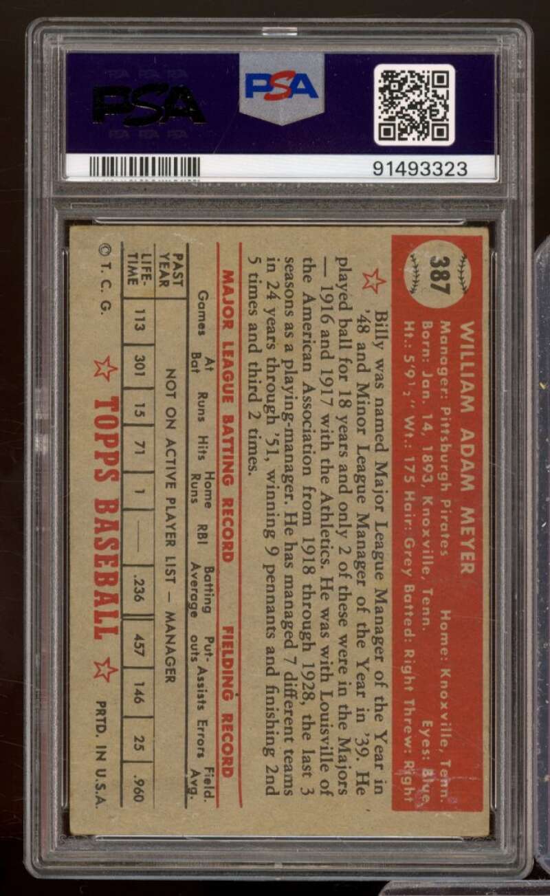 Billy Meyer Card 1952 Topps #387 PSA 4 Image 2