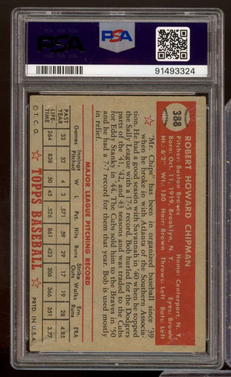 Bob Chipman Card 1952 Topps #388 PSA 4 Image 2