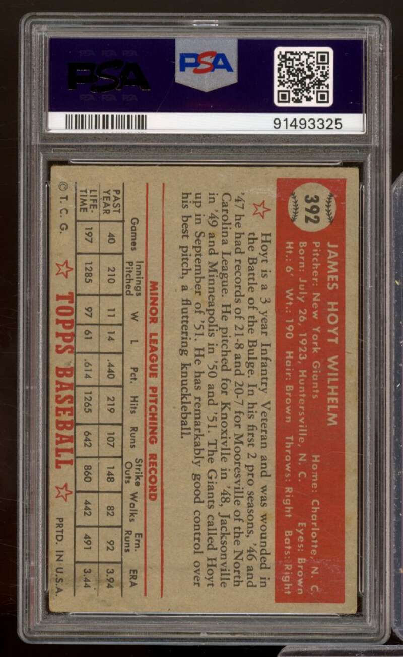 Hoyt Wilhelm Rookie Card 1952 Topps #392 PSA 4 Image 2