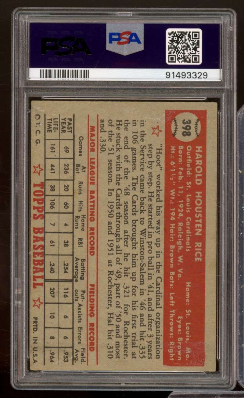 Hal Rice Card 1952 Topps #398 PSA 6 Image 2