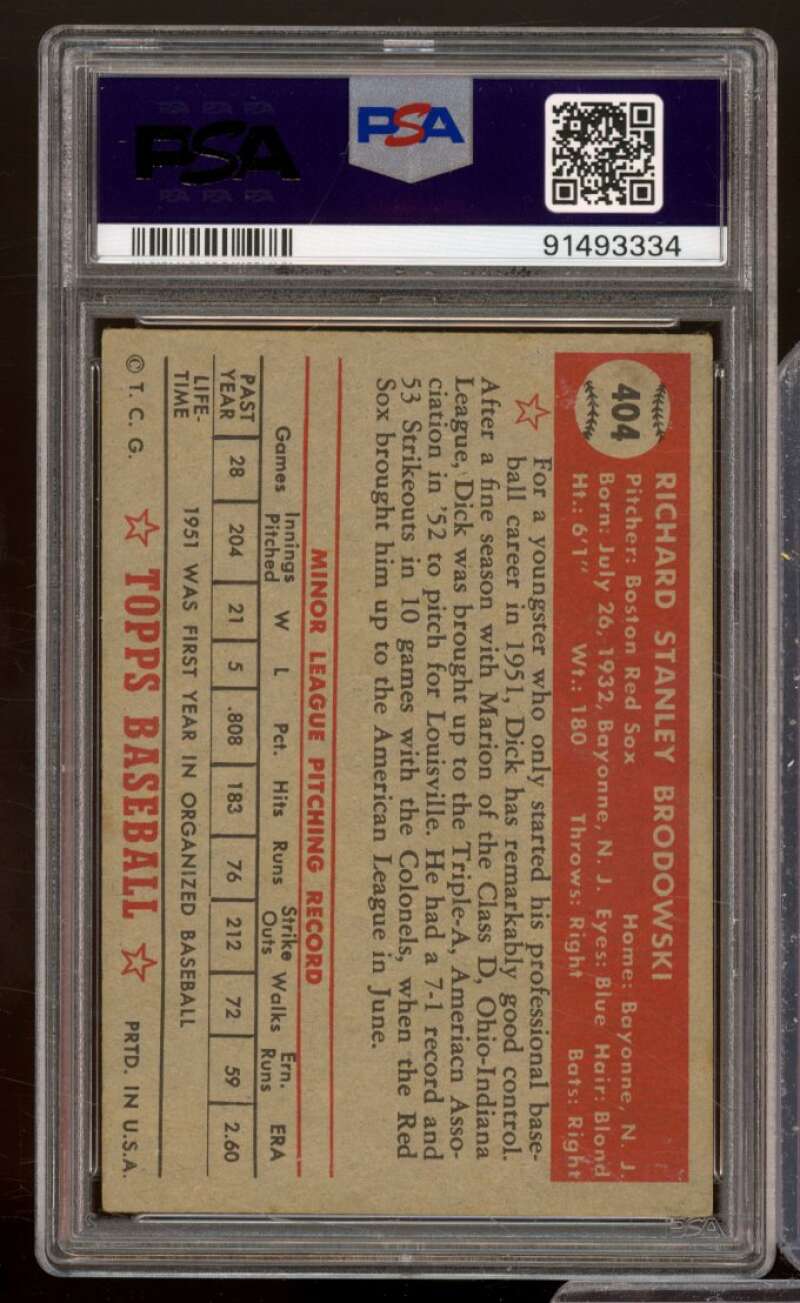 Dick Brodowski Rookie Card 1952 Topps #404 PSA 6 Image 2