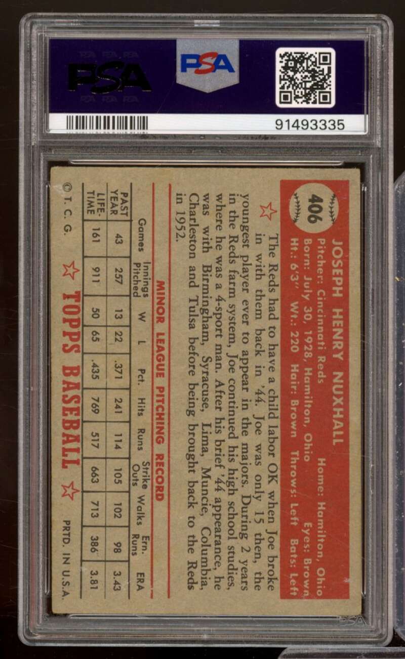 Joe Nuxhall Rookie Card 1952 Topps #406 PSA 5 Image 2