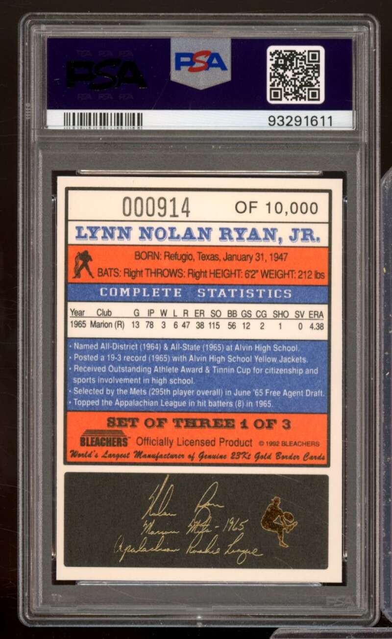 Nolan Ryan Card 1992 Bleachers 23Kt Marion Mets #1 PSA 8 Image 2