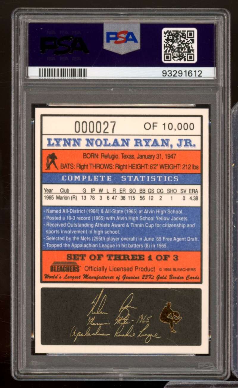 Nolan Ryan Card 1992 Bleachers 23Kt Marion Mets #1 PSA 9 Image 2