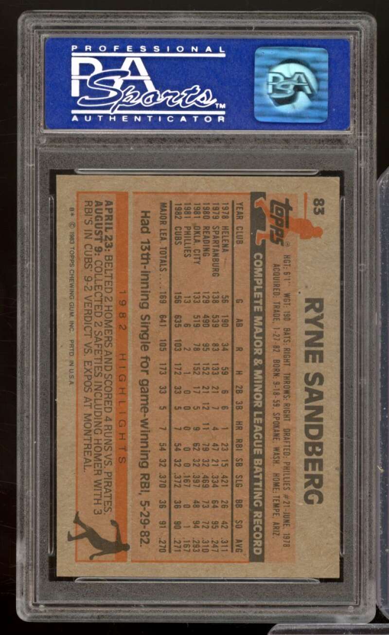 Ryne Sandberg Rookie Card 1983 Topps #83 PSA 9 Image 2