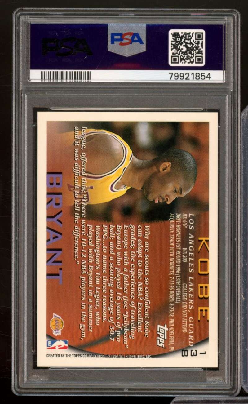 Kobe Bryant Rookie Card 1996-97 Topps #138 PSA 9 Image 2