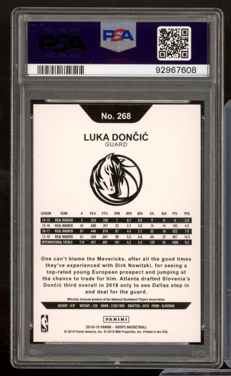 Luka Doncic Rookie Card 2018-19 Panini Hoops Purple #268 PSA 9 Image 2