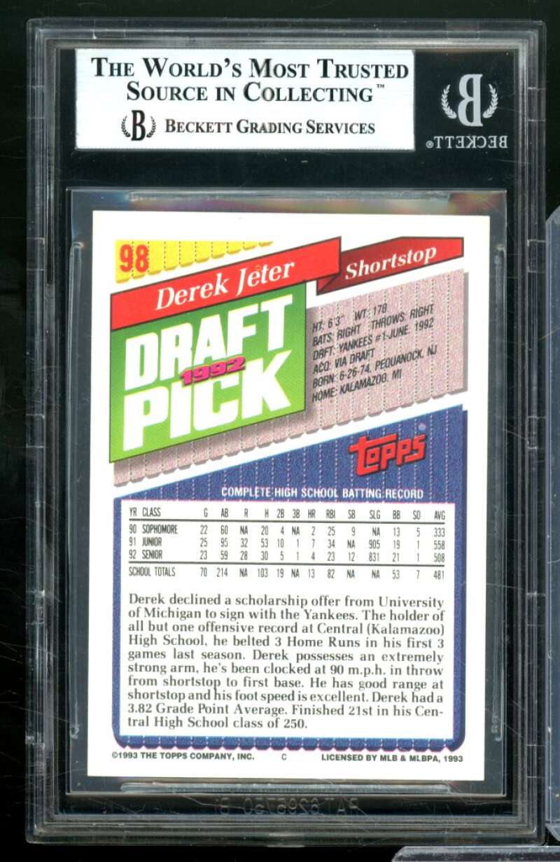 Derek Jeter Rookie Card 1993 Topps #98 BGS 9 Image 2