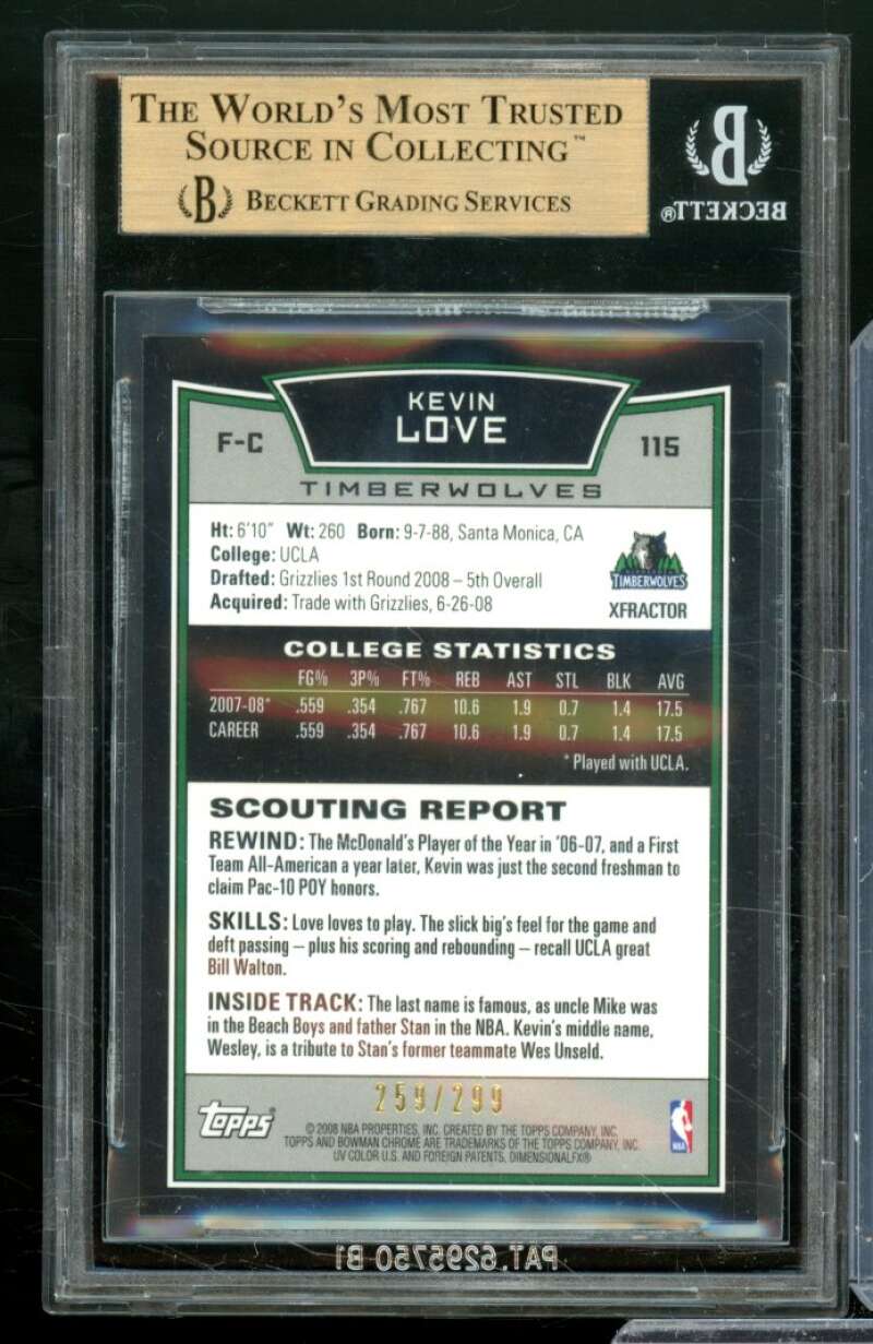 Kevin Love Rookie Card 2008-09 Bowman Chrome X-Fractors #115 BGS 9.5 Image 2