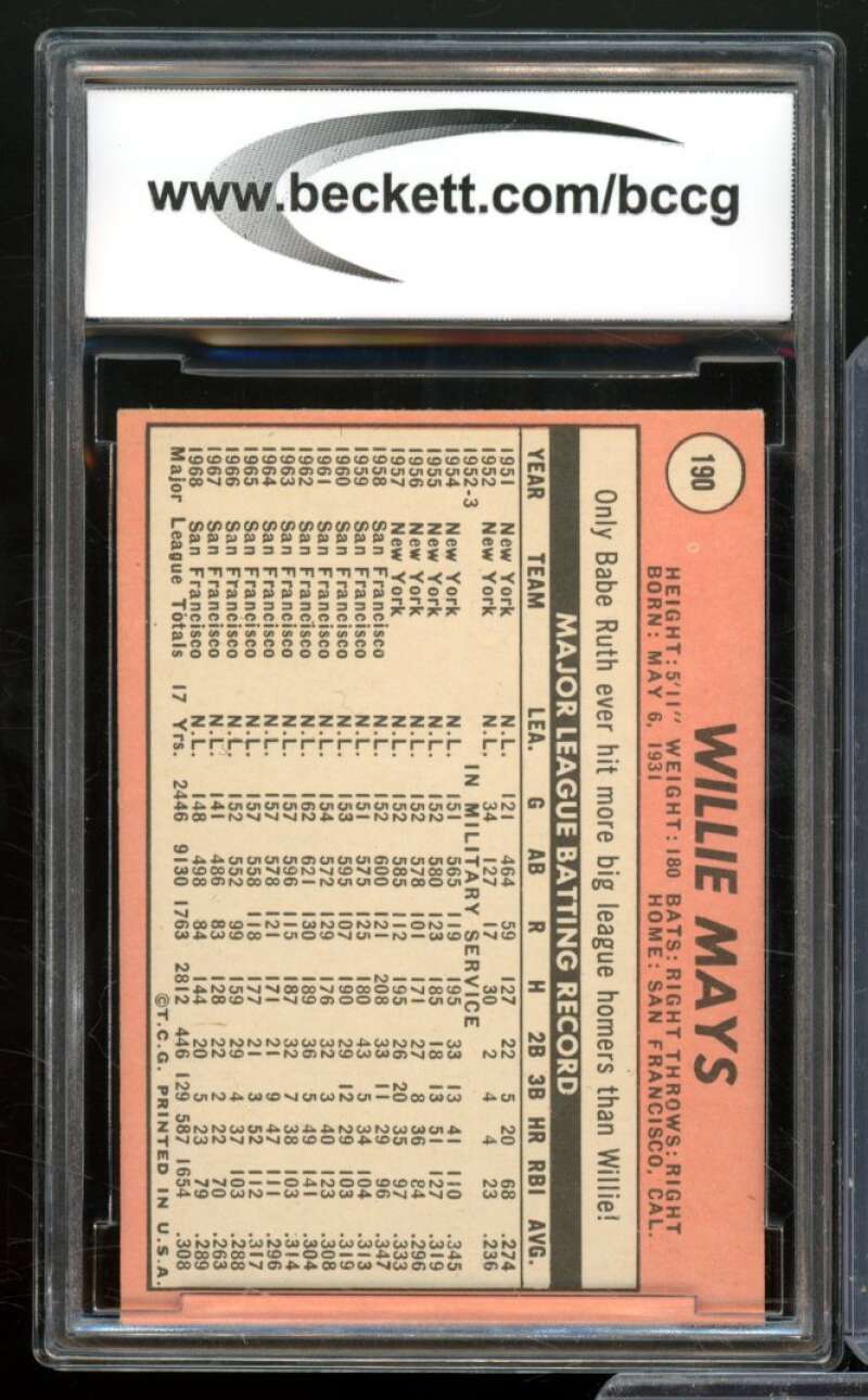 1969 Topps #190 Willie Mays Card BGS BCCG 8 Excellent+ Image 2