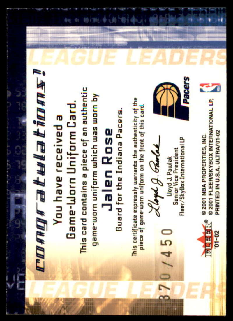 Jalen Rose Card 2001-02 Ultra League Leaders Game Worn #6  Image 2