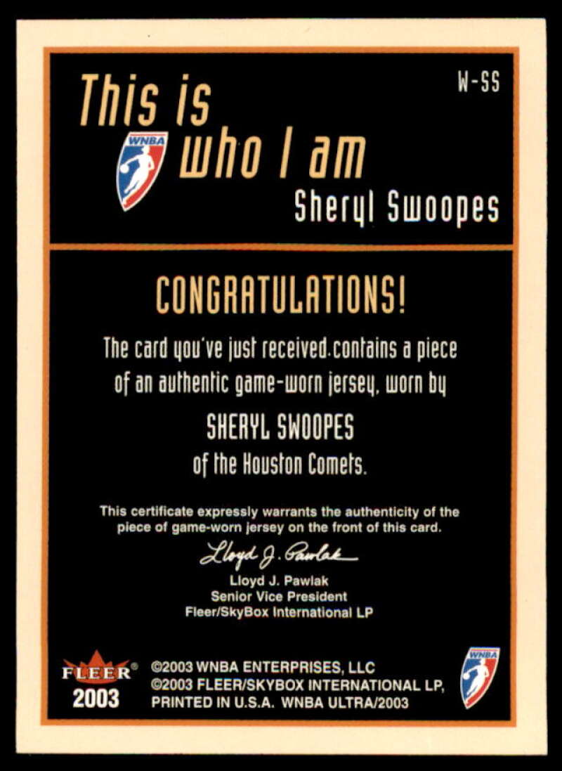 Sheryl Swoopes Card 2003 Ultra WNBA Who I AM Game Used #8  Image 2