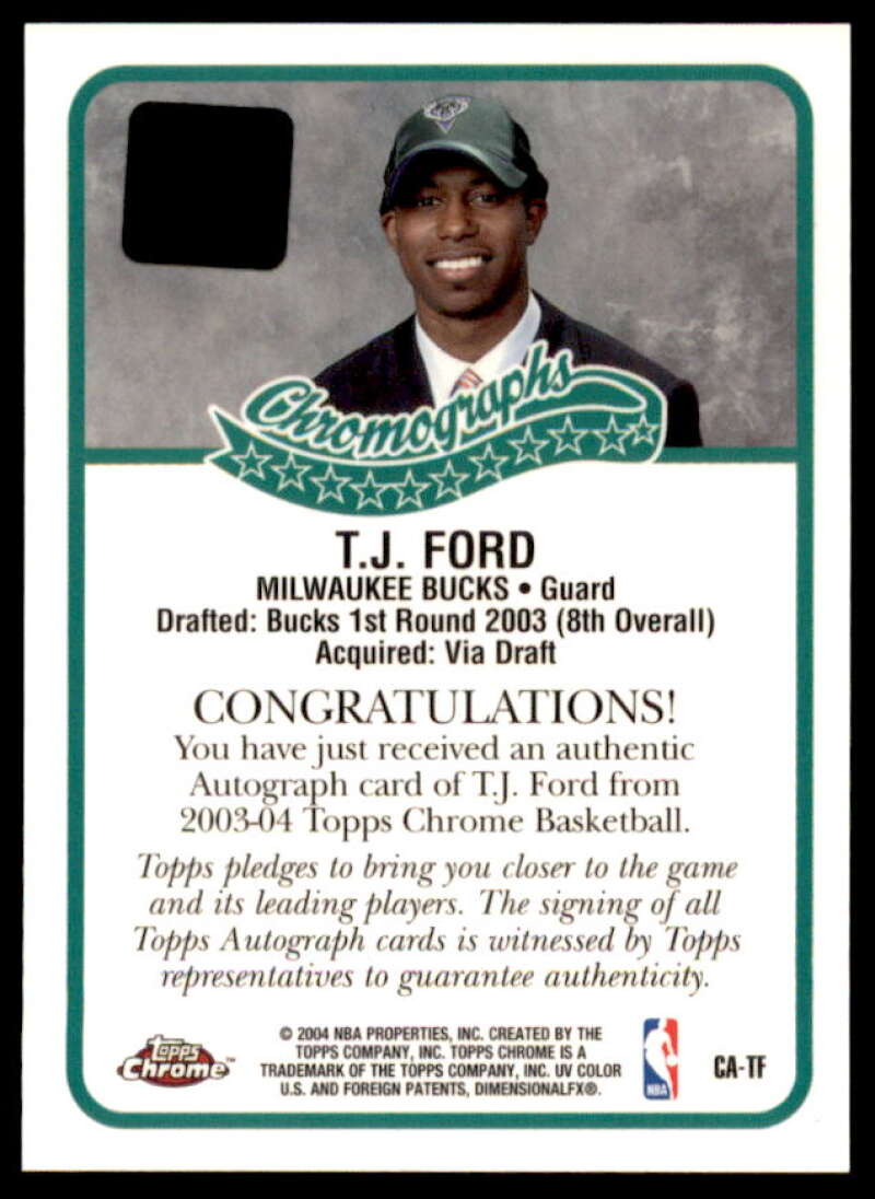 T.J. Ford D Rookie Card 2003-04 Topps Chrome Autographs #CATF  Image 2