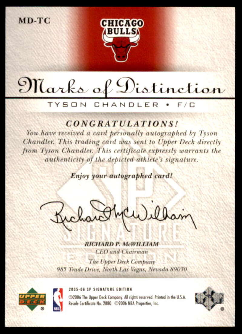 Tyson Chandler Card 2005-06 SP Signature Edition Marks of Distinction #TC  Image 2