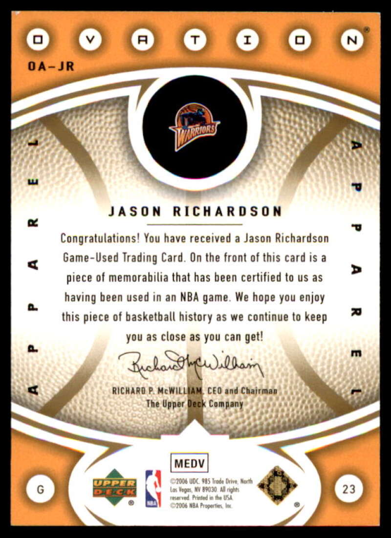 Jason Richardson Card 2006-07 Upper Deck Ovation Apparel Gold #JR  Image 2