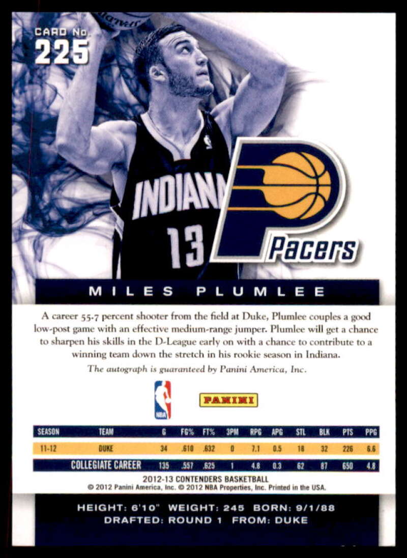 Miles Plumlee AU Rookie Card 2012-13 Panini Contenders #225  Image 2