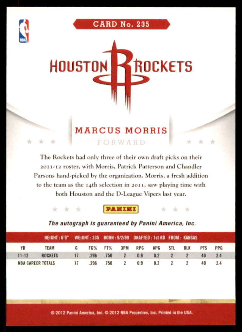 Marcus Morris Card 2012-13 Hoops Autographs #235  Image 2