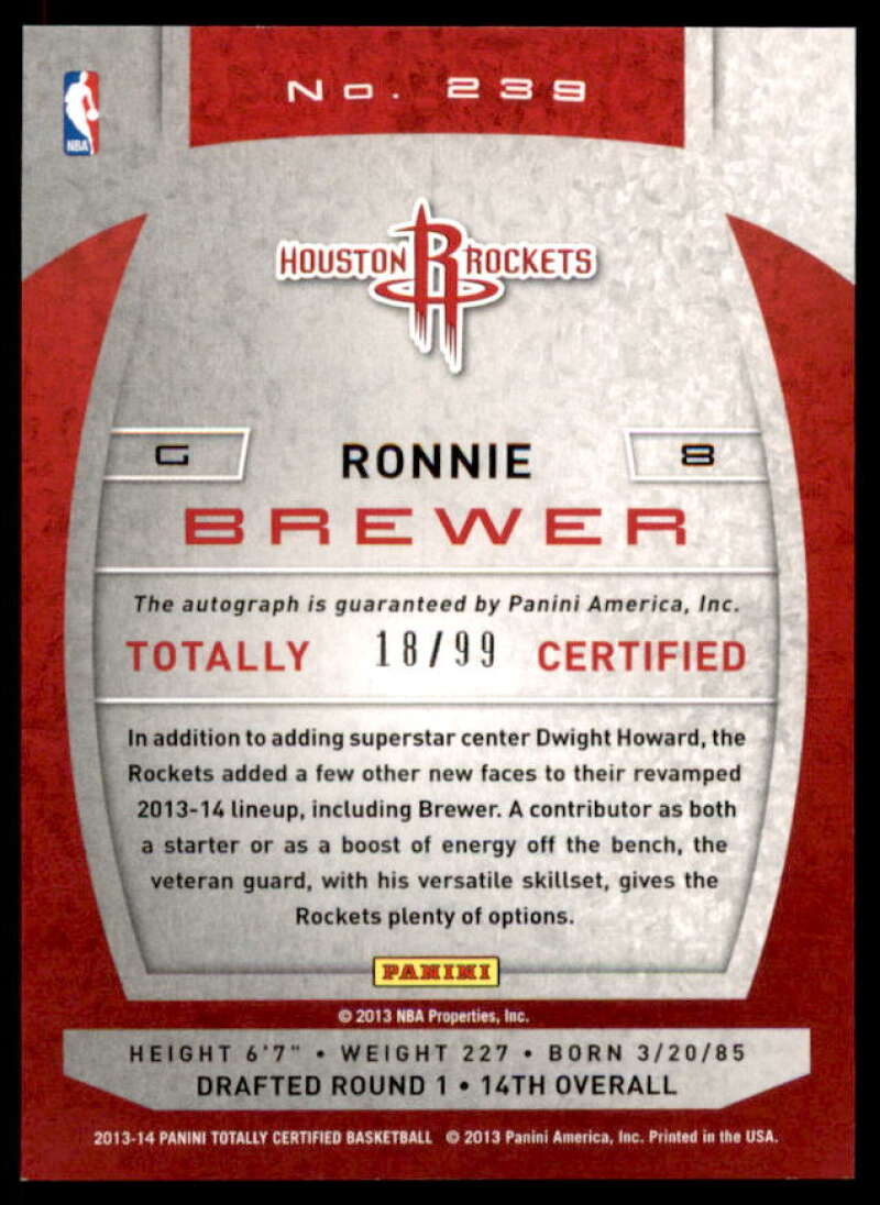 Ronnie Brewer Card 2013-14 Totally Certified Autographs Red #239  Image 2