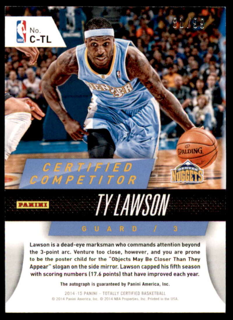 Ty Lawson Card 2014-15 Totally Certified Competitor Autographs #CTL  Image 2