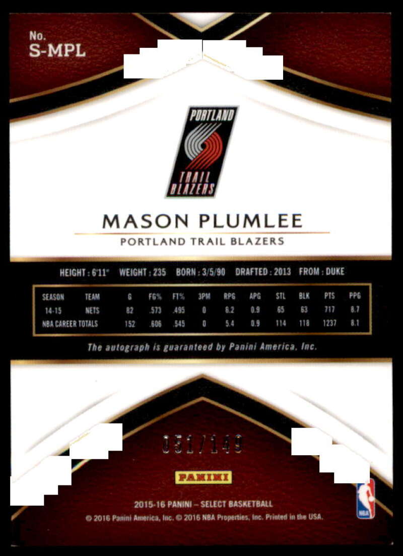 Mason Plumlee Card 2015-16 Select Signatures #53  Image 2