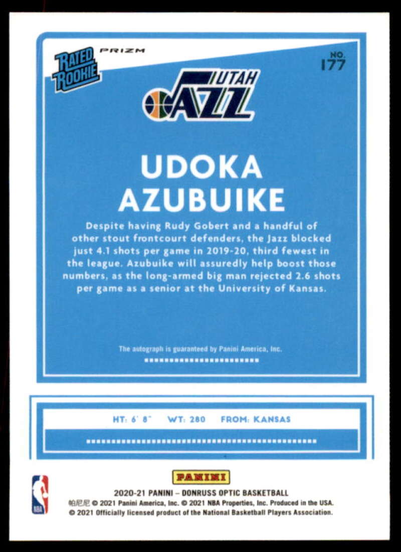 Udoka Azubuike Rookie 2020-21 Donruss Optic Rated Rookies Signatures Purple #177  Image 2