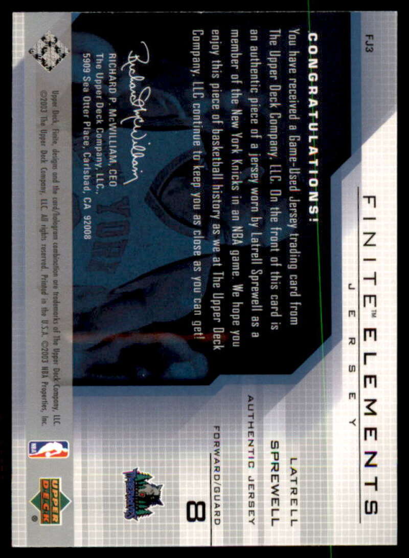 Latrell Sprewell Card 2003-04 Upper Deck Finite Elements Jerseys #FJ3  Image 2