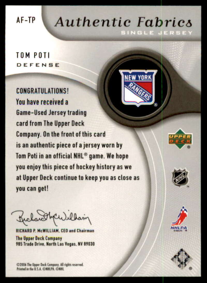 Tom Poti Card 2005-06 SP Game Used Authentic Fabrics #AFTP  Image 2