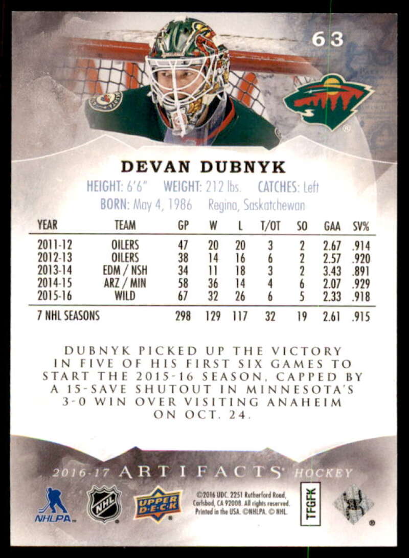 Devan Dubnyk Card 2016-17 Artifacts Orange #63  Image 2