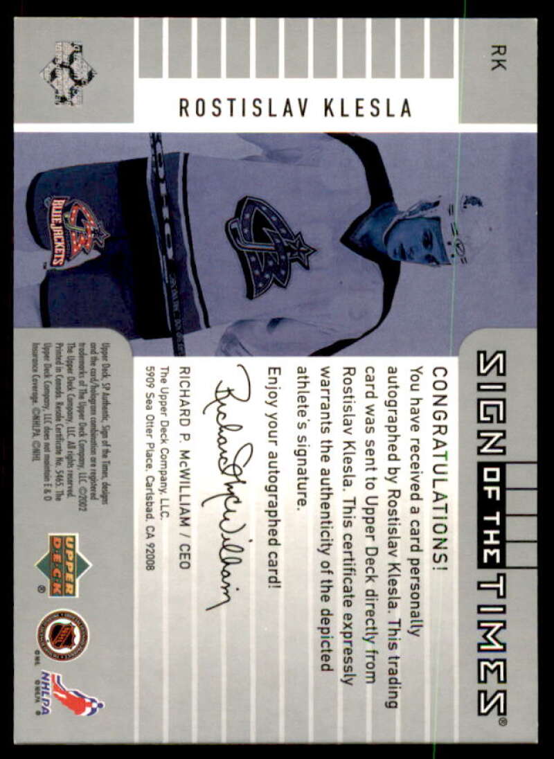 Rostislav Klesla Card 2001-02 SP Authentic Sign of the Times #RK  Image 2