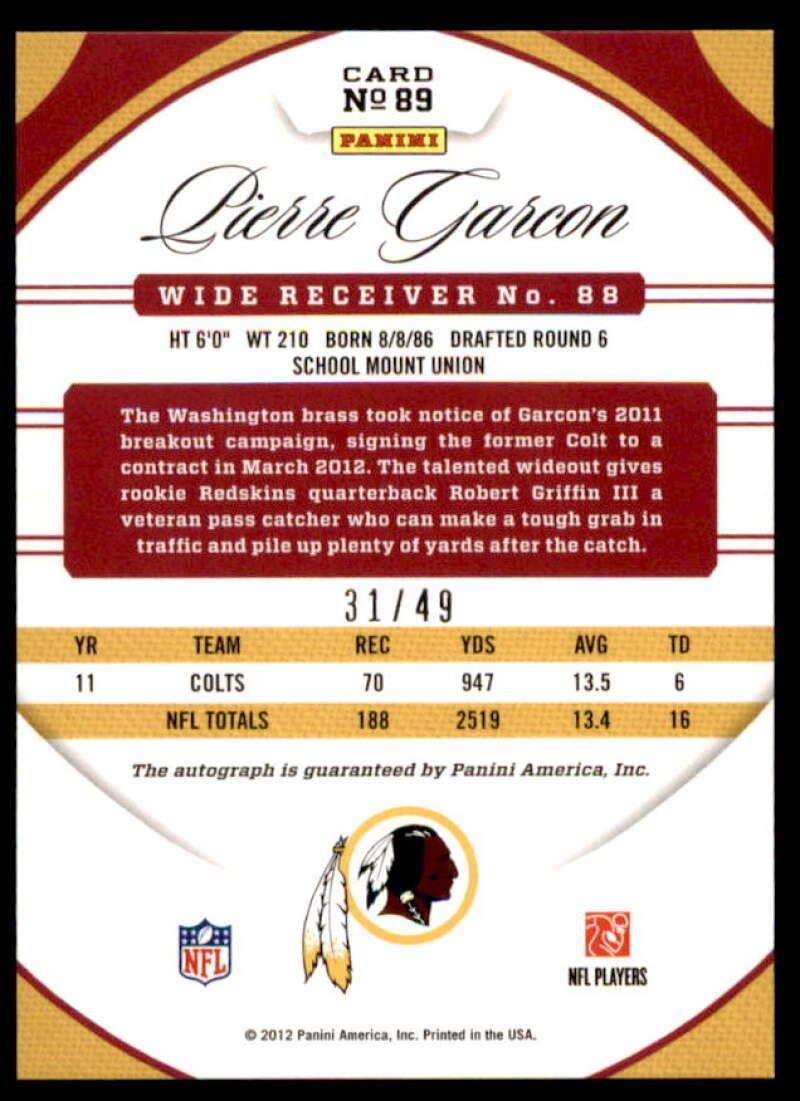 Pierre Garcon Card 2012 Certified Mirror Blue Signatures #89  Image 2