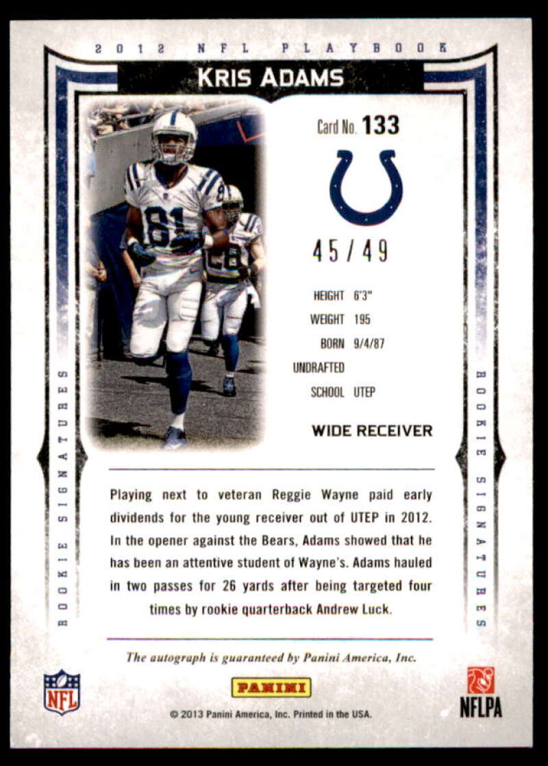 Kris Adams AU Rookie Card 2012 Panini Playbook Gold #133  Image 2