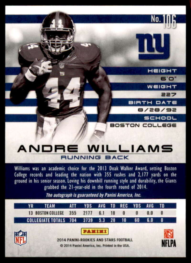 Andre Williams/15 Card 2014 Rookies Stars Rookie Autographs Longevity Ruby #106  Image 2