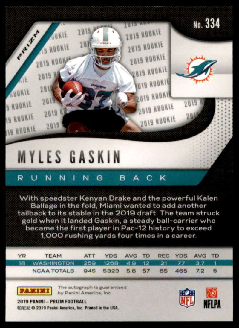 Myles Gaskin Rookie Card 2019 Panini Prizm Rookie Autographs #334  Image 2